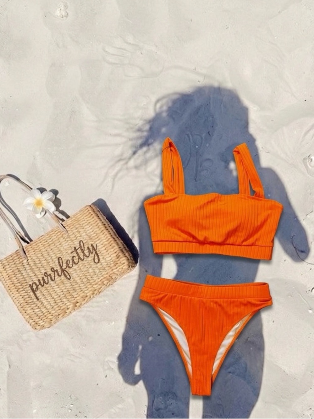 Ribbed Orange High-Waist Bikini Set - Women